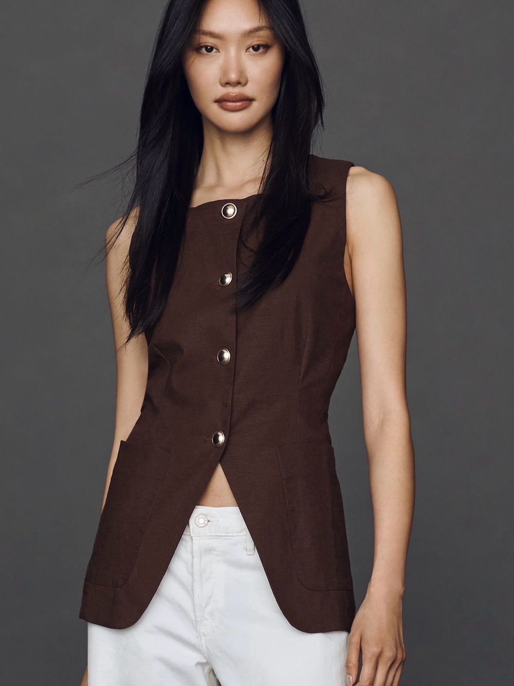 Maeve Chocolate Brown Sleeveless Button-Front Vest Top